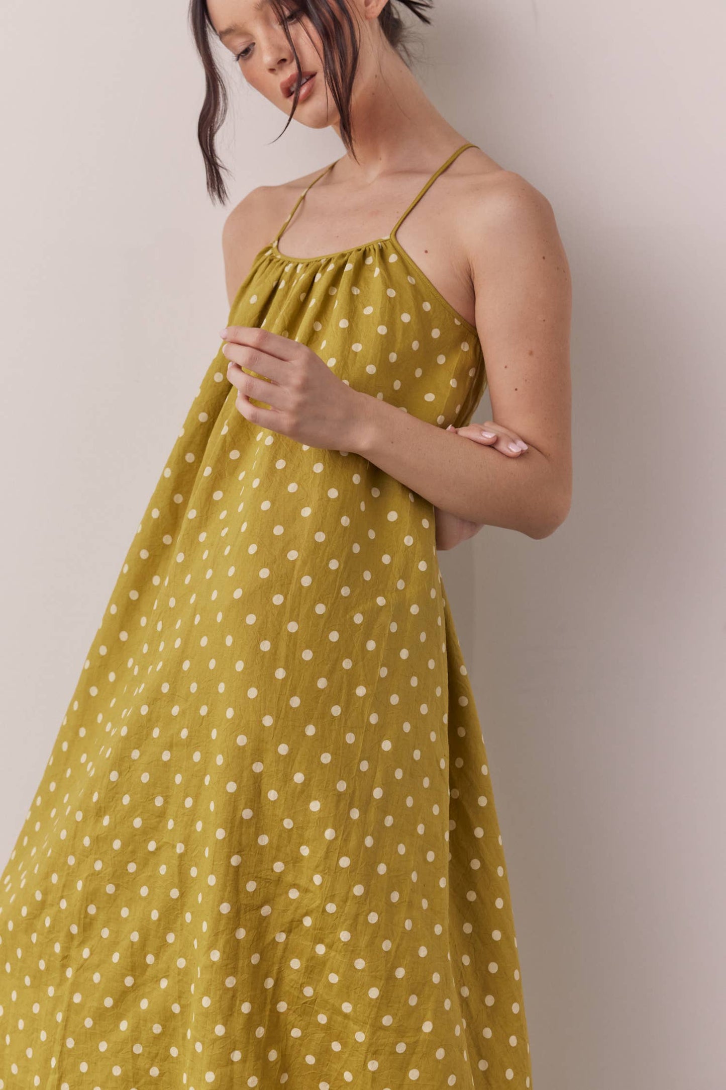 Linen Polka dot back tie ankle dress: Moss