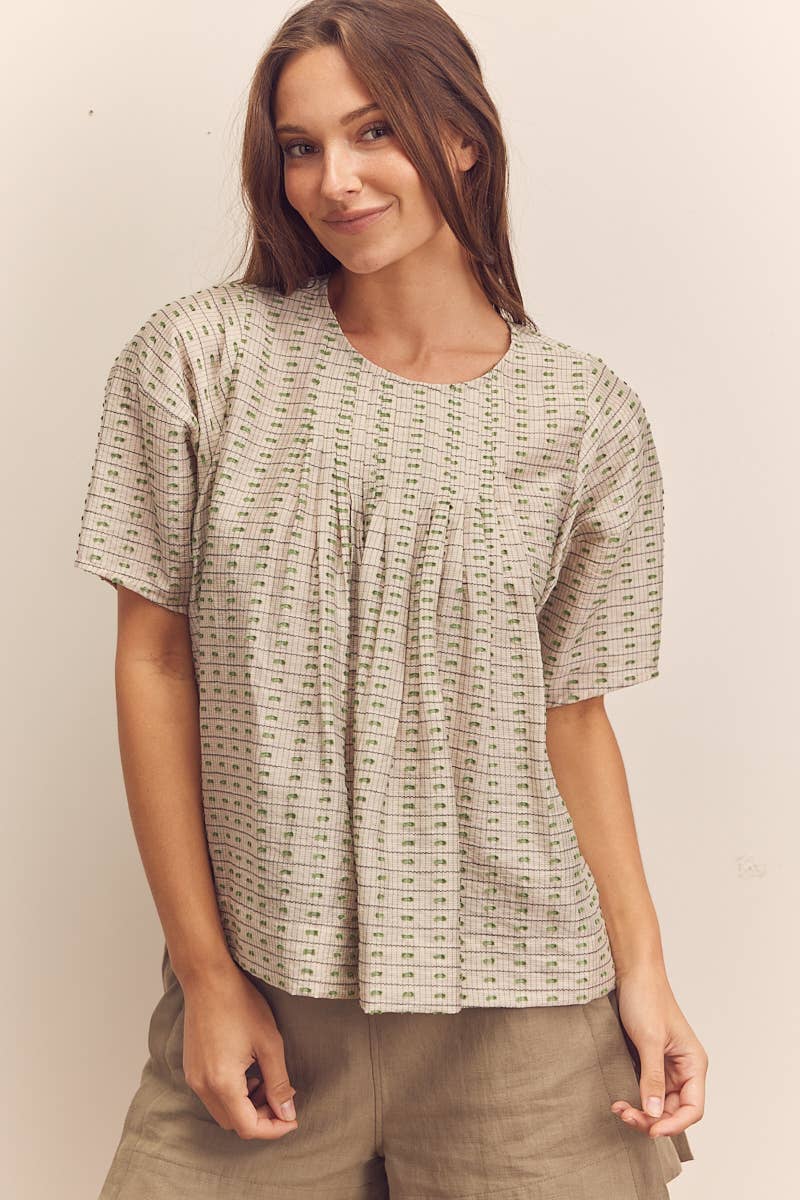 Short sleeve pleated blouse: Beige/Green / Abstract & Geometric