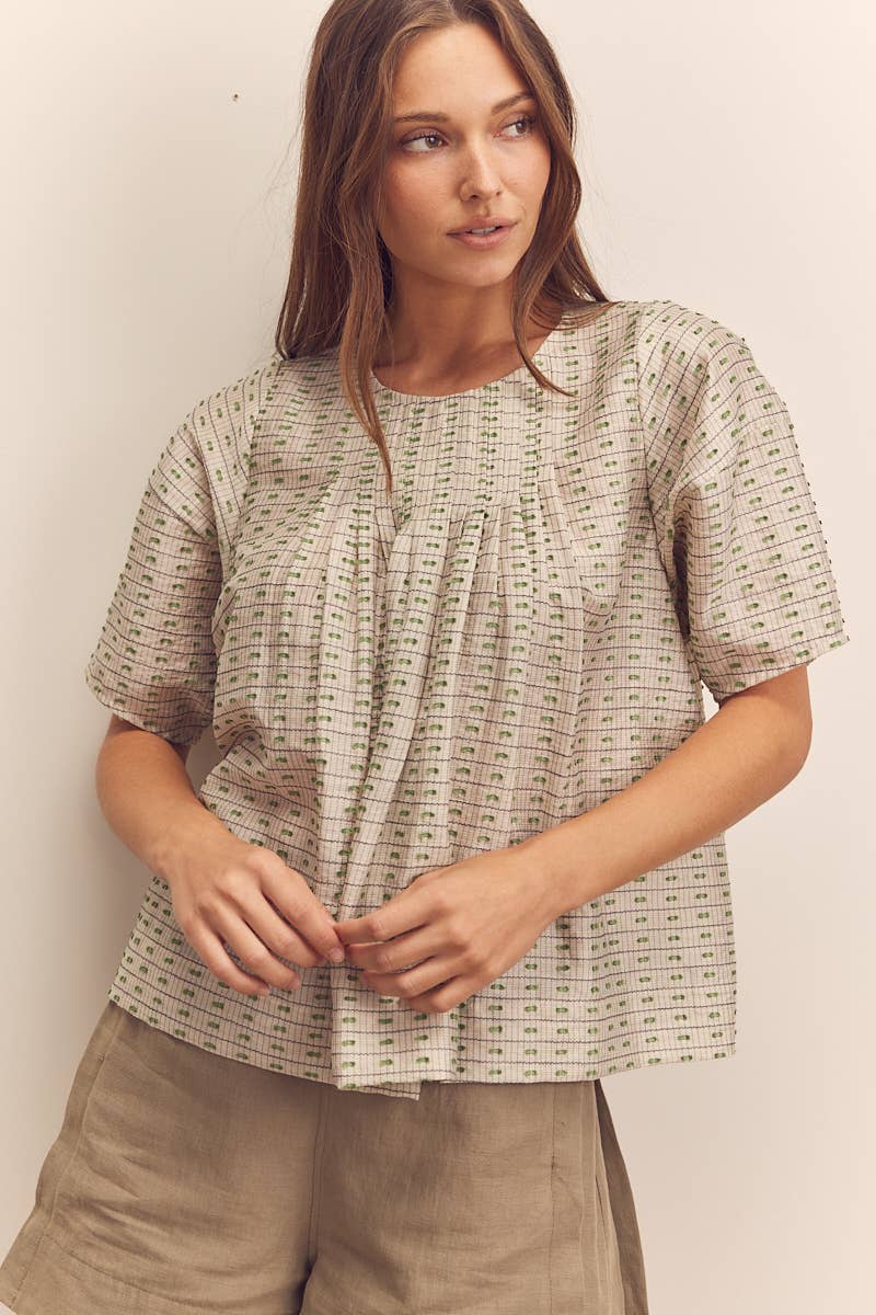 Short sleeve pleated blouse: Beige/Green / Abstract & Geometric
