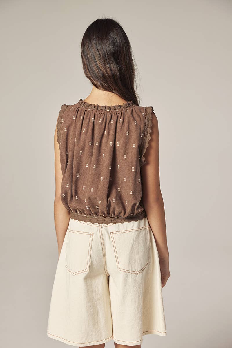 Button down short blouse: Mocha / Polka Dots