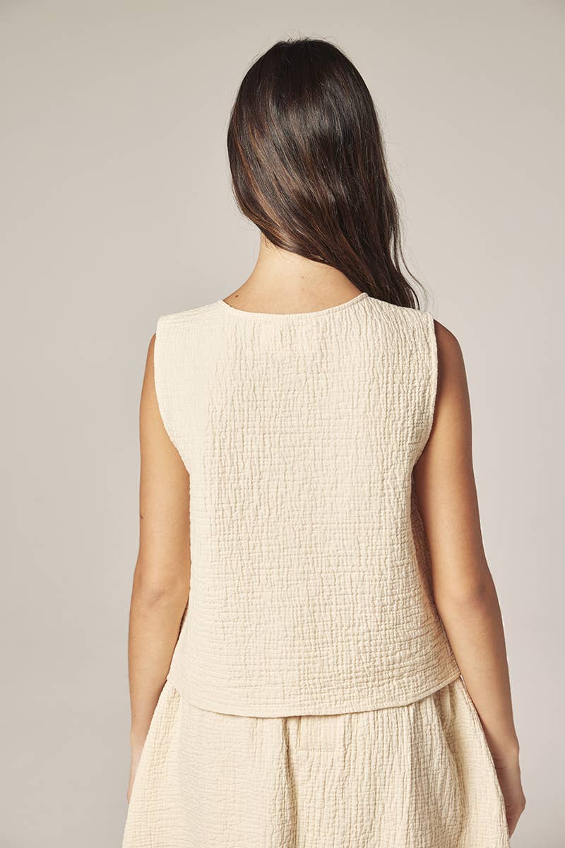 Botton down jacquard top: Cream / Solid