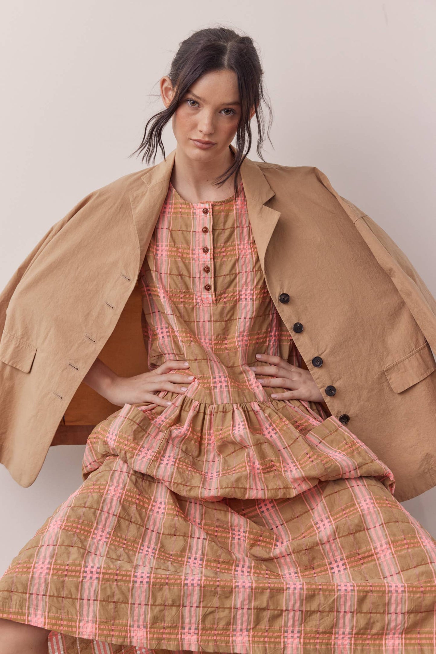 Sleeveless button-down midi dress: Taupe/Pink / Plaid