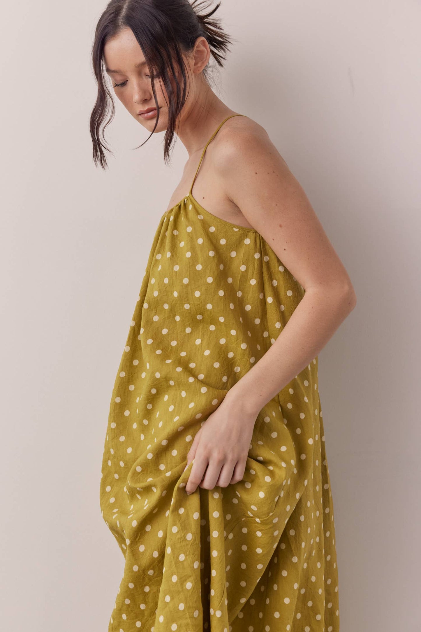 Linen Polka dot back tie ankle dress: Moss