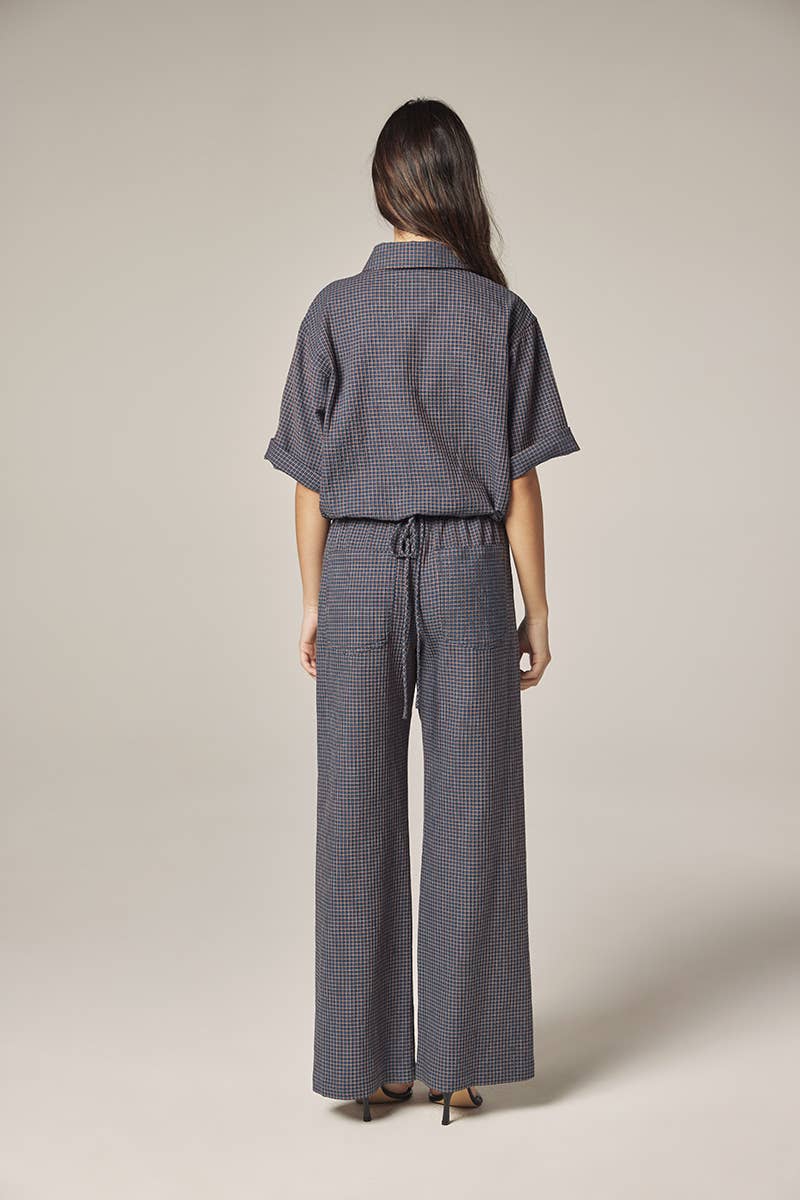 Elestic waist palazzo pants: Blue/Rust / Plaid