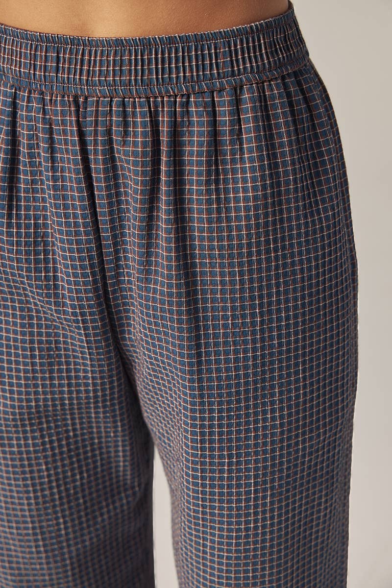 Elestic waist palazzo pants: Blue/Rust / Plaid