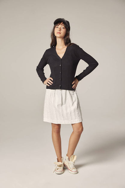 V-neck cotton line rib cardigan: Black / Solid
