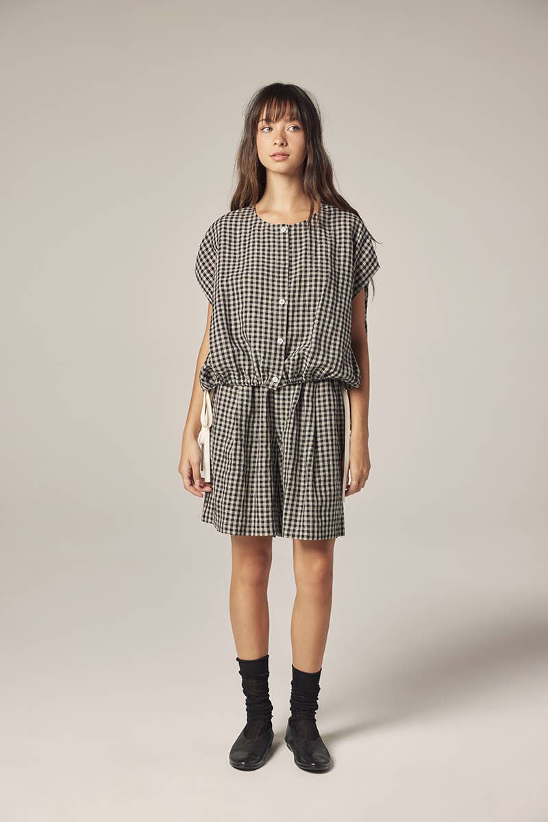 Gingham Drop Sleeve Button Down Top: Black/Natural / Checkered