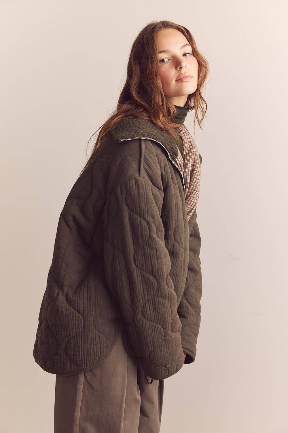 High neck rib collar cotton quilt jacket: Pine / Solid / M/L
