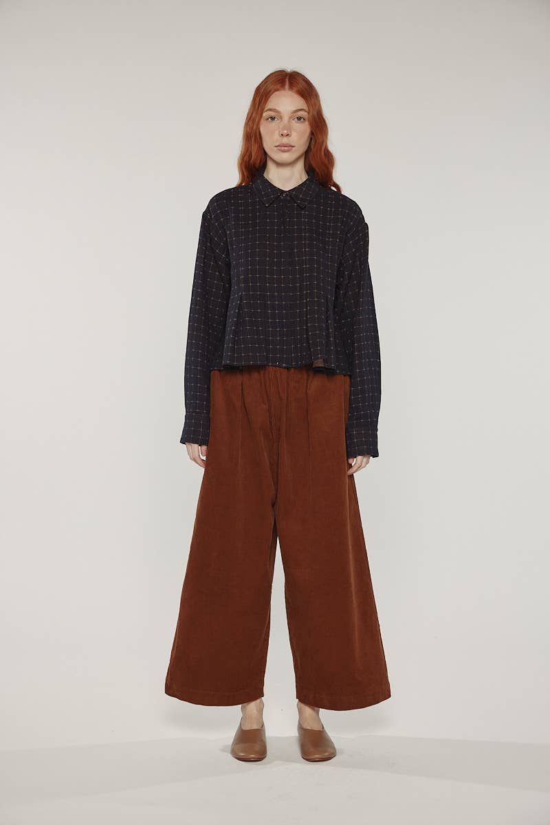 Cotton pleated blouse: Black / Plaid