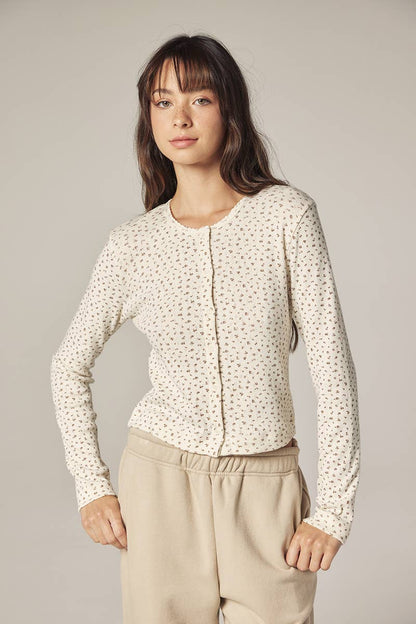Romantic Button-down short cardigan: Cream/Navy / Floral