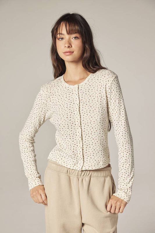 Romantic Button-down short cardigan: Cream/Navy / Floral