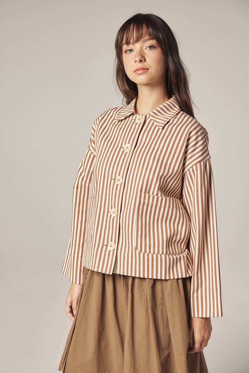 Stripe button down jacket: Brown/Cream / Striped