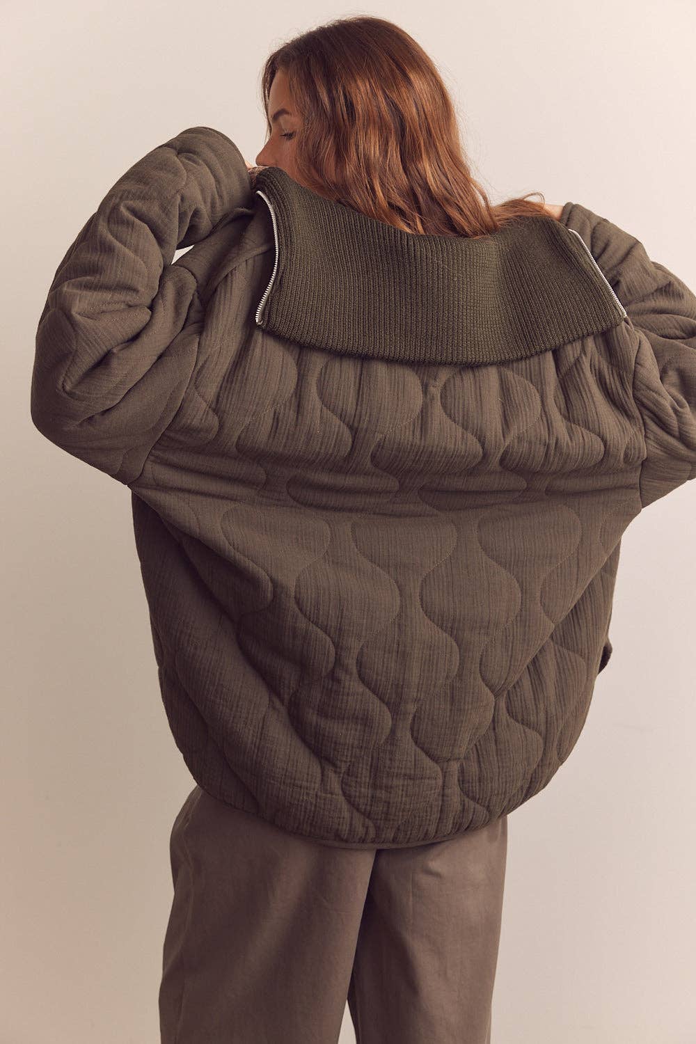 High neck rib collar cotton quilt jacket: Pine / Solid / M/L