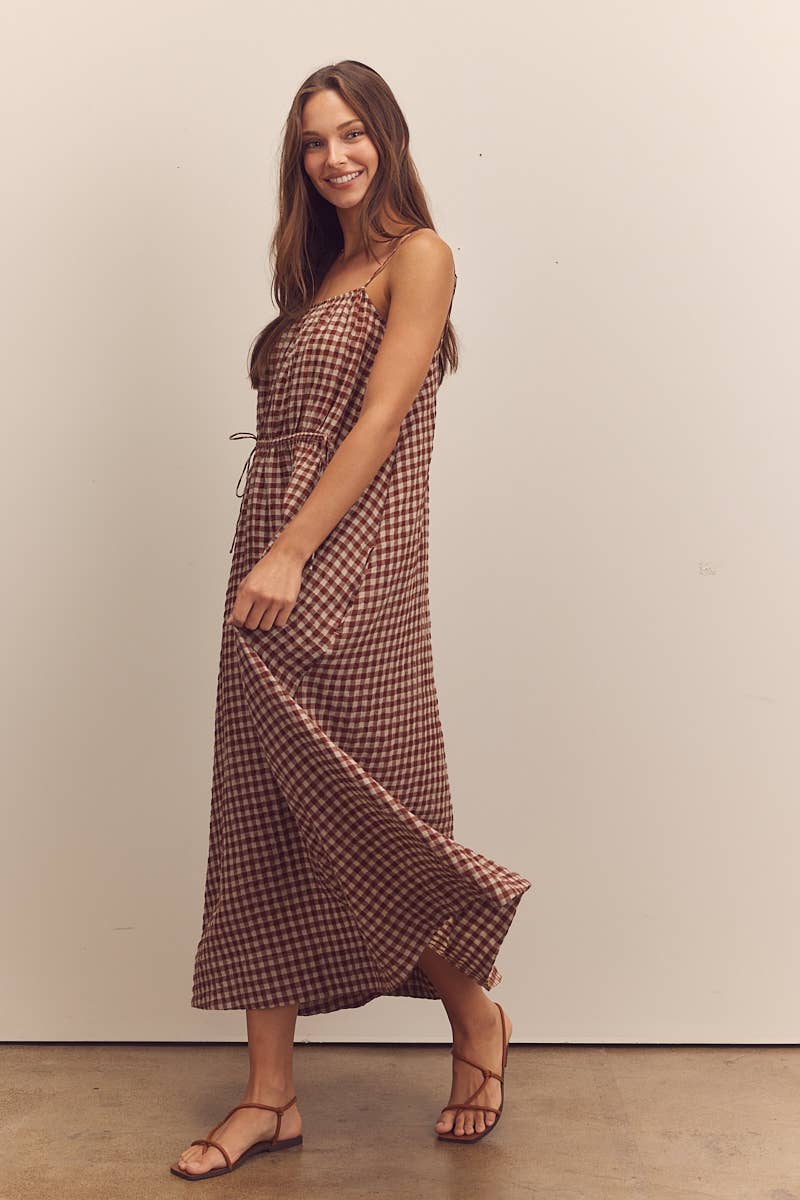 Front shirring gingham cami dress: Brick / Checkered