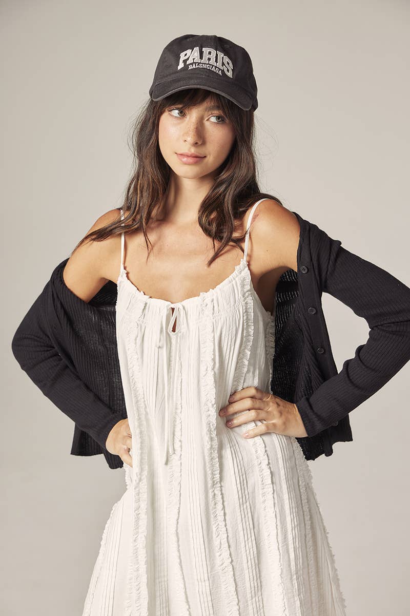V-neck cotton line rib cardigan: Black / Solid
