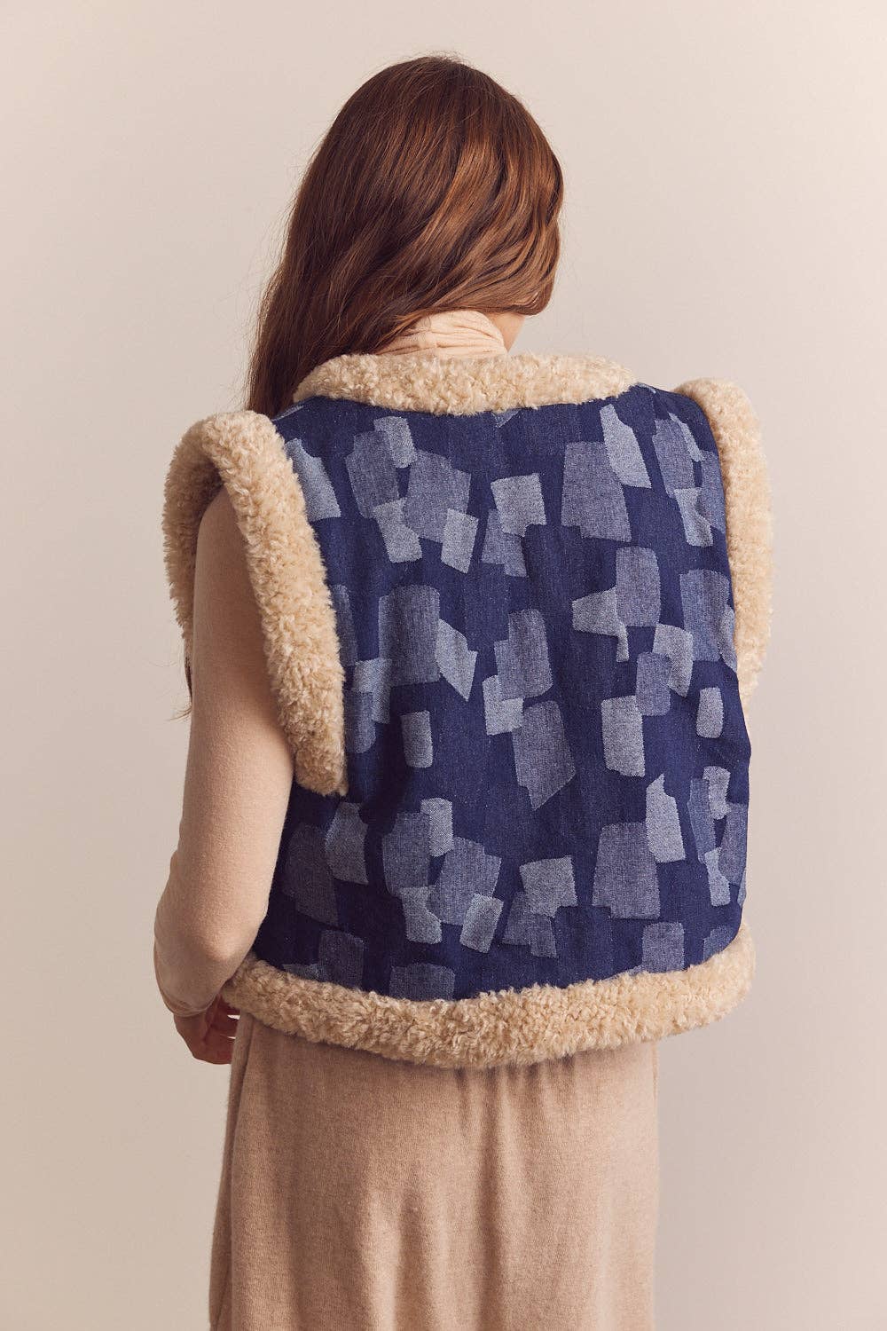 Shepherd-lined patched  denim vest: Patched denim / Patchwork / M/L