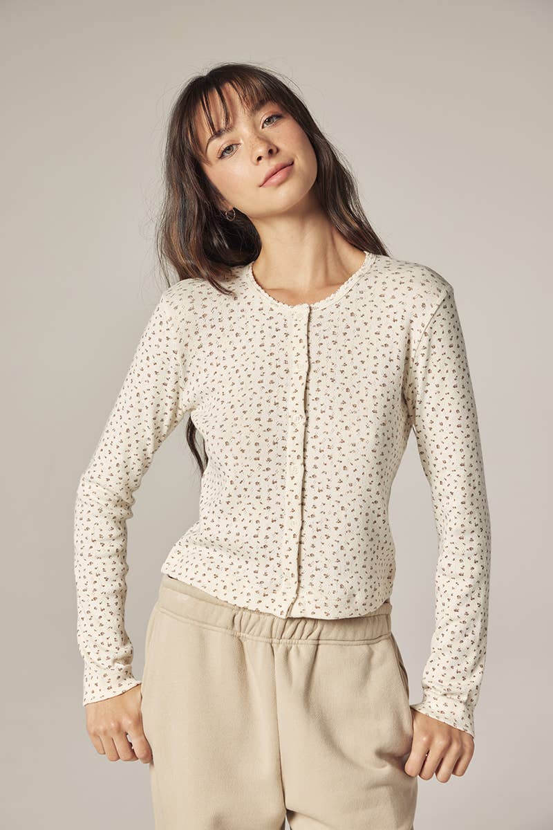 Romantic Button-down short cardigan: Cream/Navy / Floral