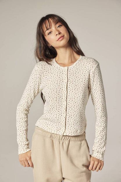 Romantic Button-down short cardigan: Cream/Navy / Floral