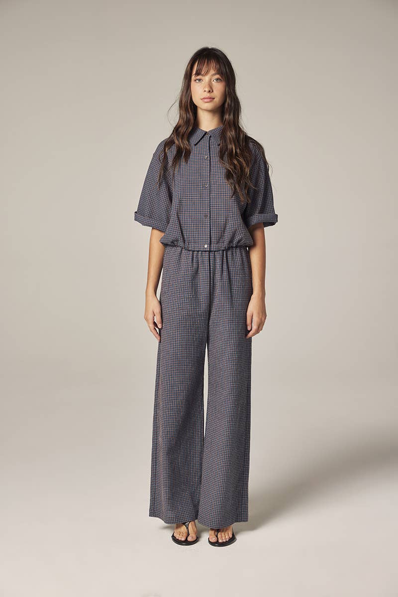 Elestic waist palazzo pants: Blue/Rust / Plaid