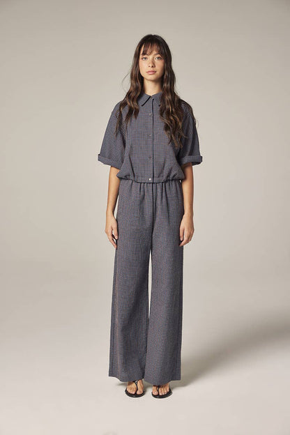 Elestic waist palazzo pants: Blue/Rust / Plaid