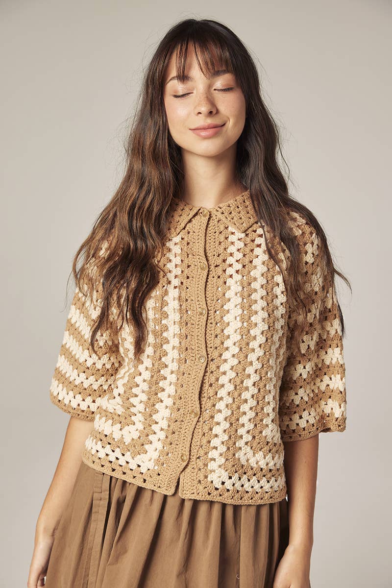 Hand knit crochet shirts: Khaki/Tan / Striped