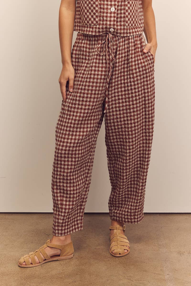 Drawstring easy pants: Brick / Plaid