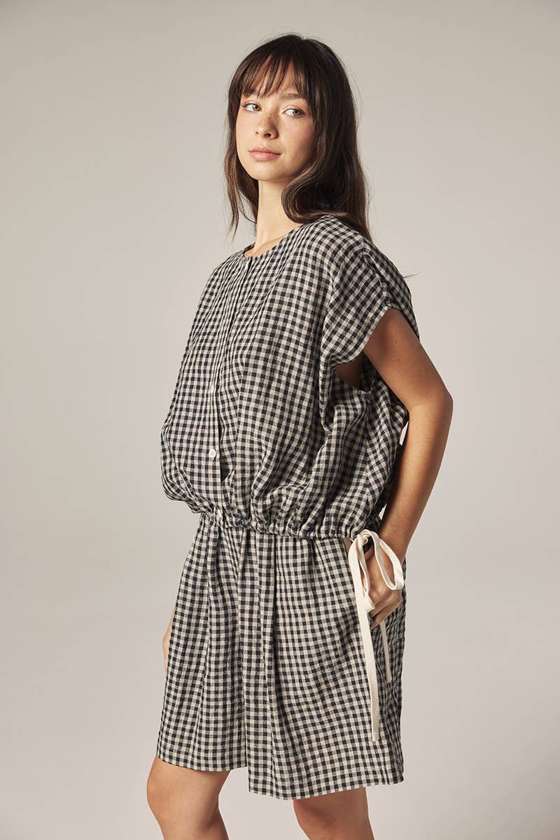 Gingham Drop Sleeve Button Down Top: Black/Natural / Checkered
