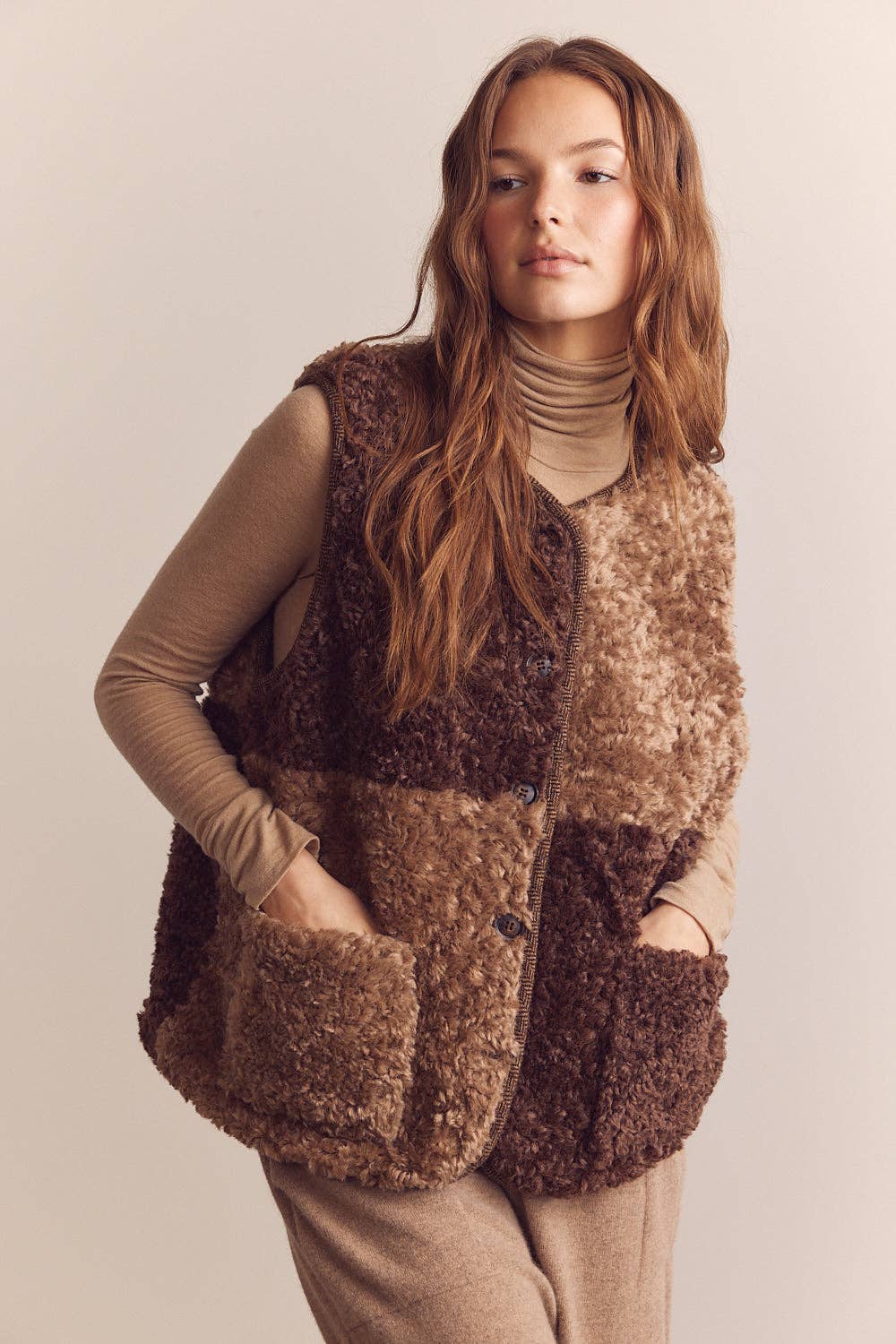Color block wool blend shepherd reversible vest : Mocha/Brown / Patchwork / M/L