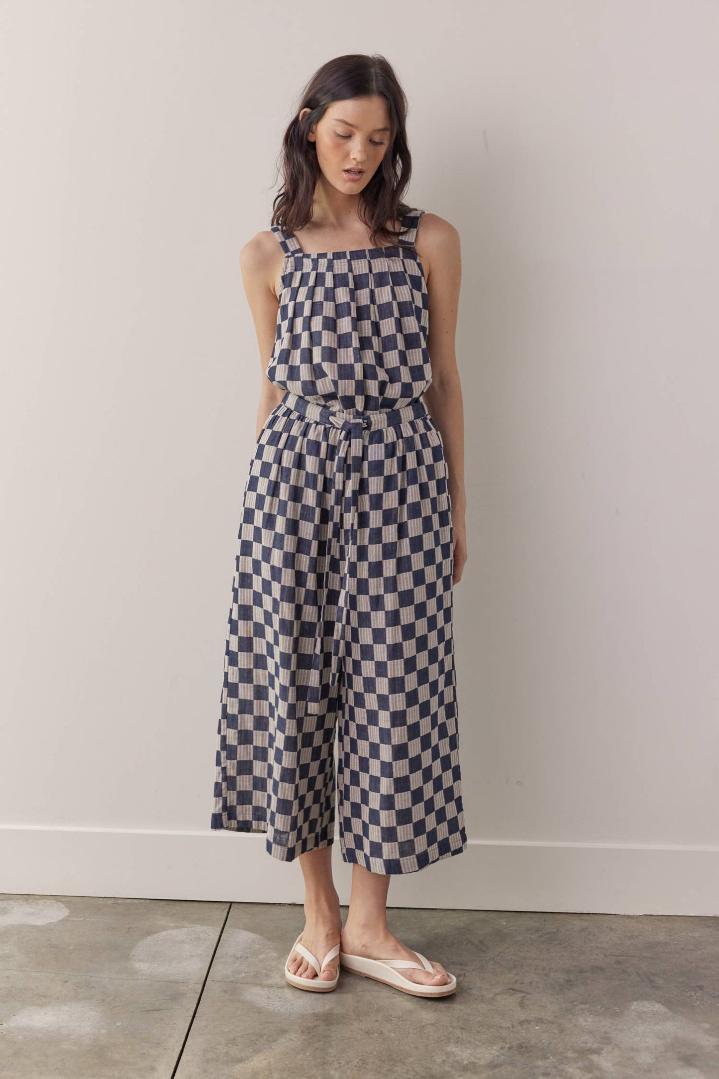 Front tie cotton wide pants: Blue/Taupe / Checkered
