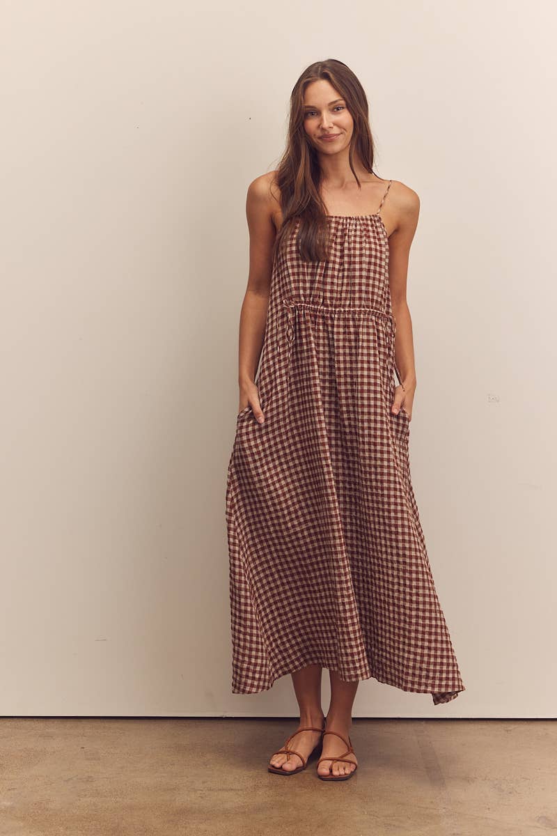 Front shirring gingham cami dress: Brick / Checkered
