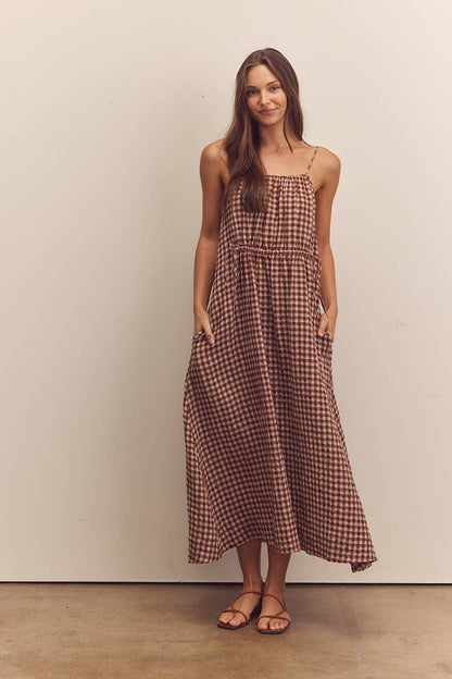 Front shirring gingham cami dress: Brick / Checkered