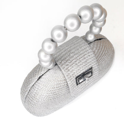 THE ORLA Silver Woven Straw & Wooden Bead Statement Clutch Bag