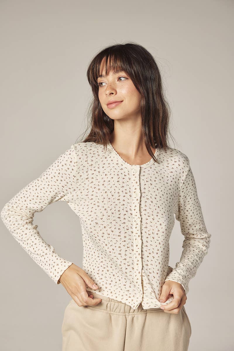 Romantic Button-down short cardigan: Cream/Navy / Floral