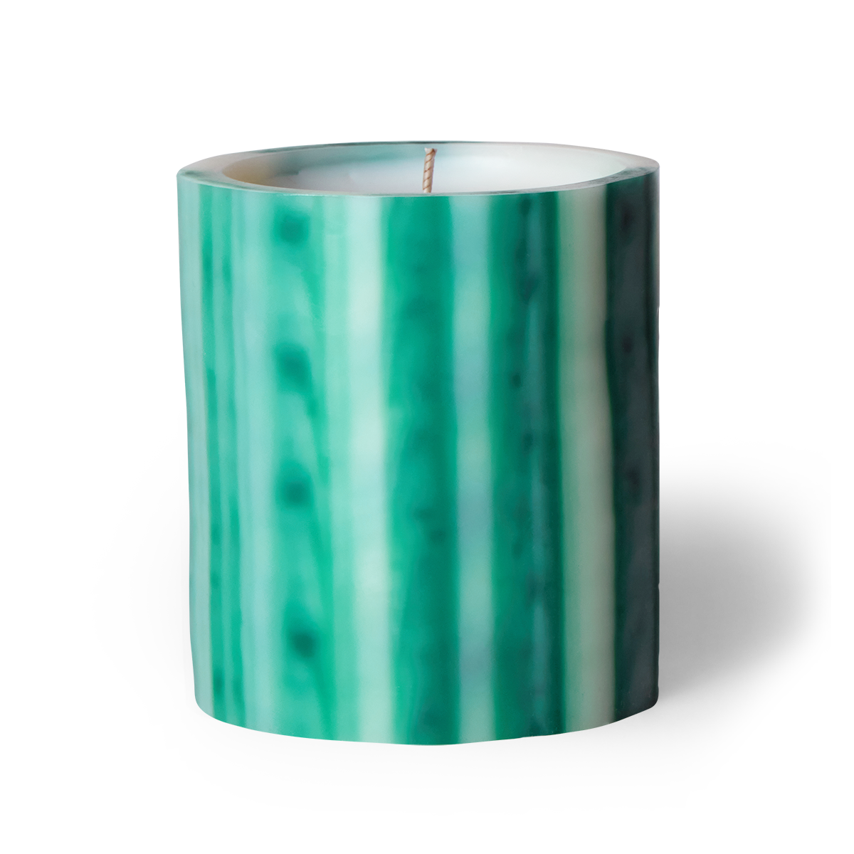 Green and white striped candle on a white background