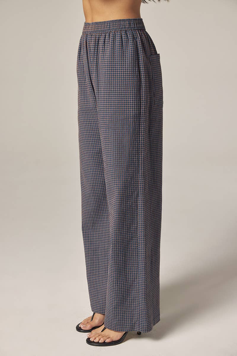 Elestic waist palazzo pants: Blue/Rust / Plaid