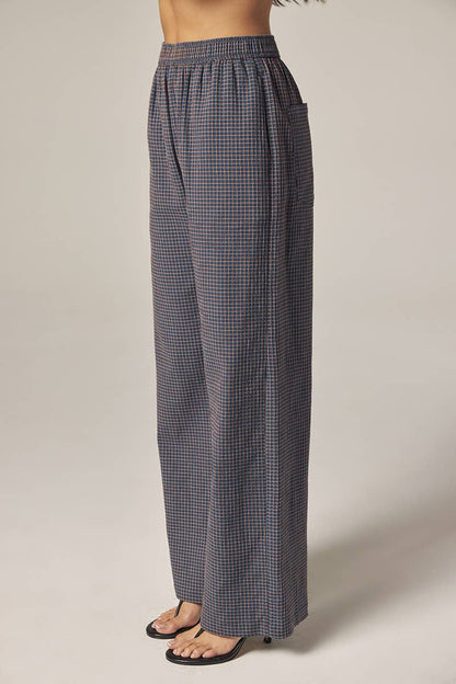 Elestic waist palazzo pants: Blue/Rust / Plaid