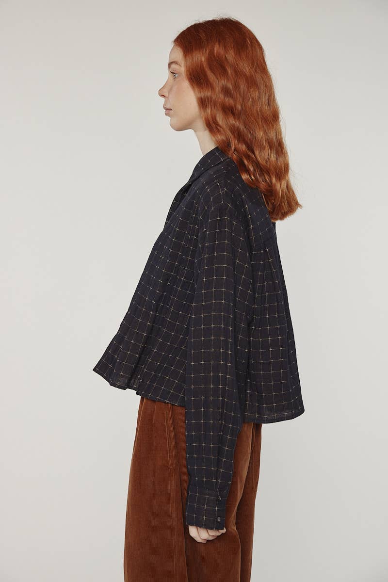 Cotton pleated blouse: Black / Plaid