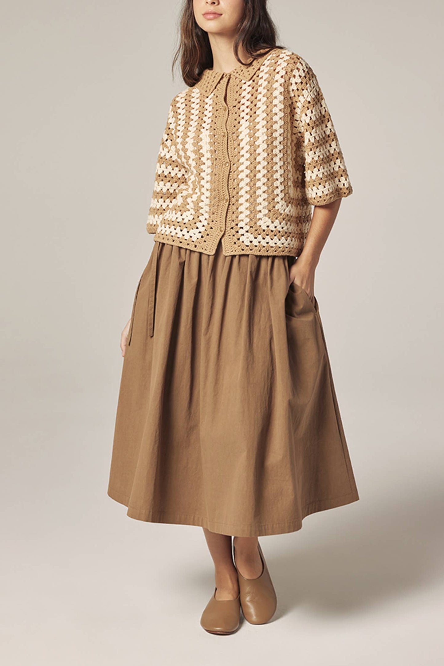 Hand knit crochet shirts: Khaki/Tan / Striped