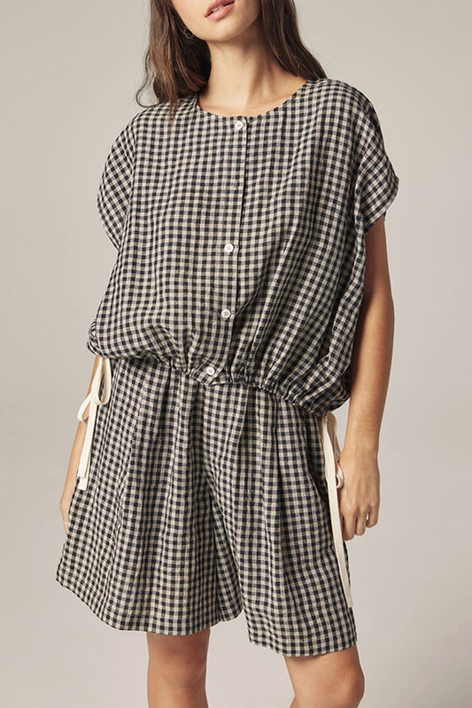 Gingham Drop Sleeve Button Down Top: Black/Natural / Checkered
