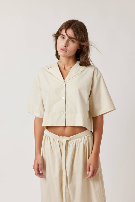 Half-sleeve crop button-down shirts: Beige / 100% Cotton