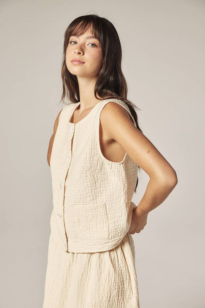 Botton down jacquard top: Cream / Solid
