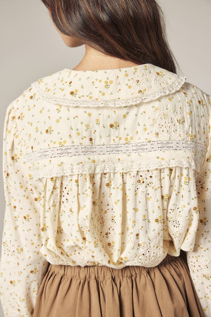 Romantic Peter pan collar shirts: Cream/Yellow / Floral