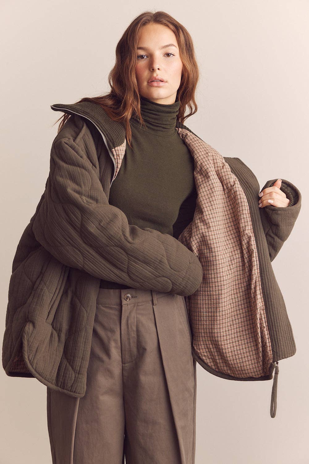 High neck rib collar cotton quilt jacket: Pine / Solid / XS/S