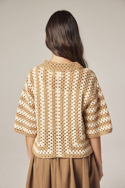 Hand knit crochet shirts: Khaki/Tan / Striped