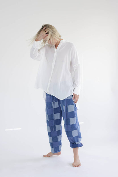 Collarless loose fit long sleeve shirts