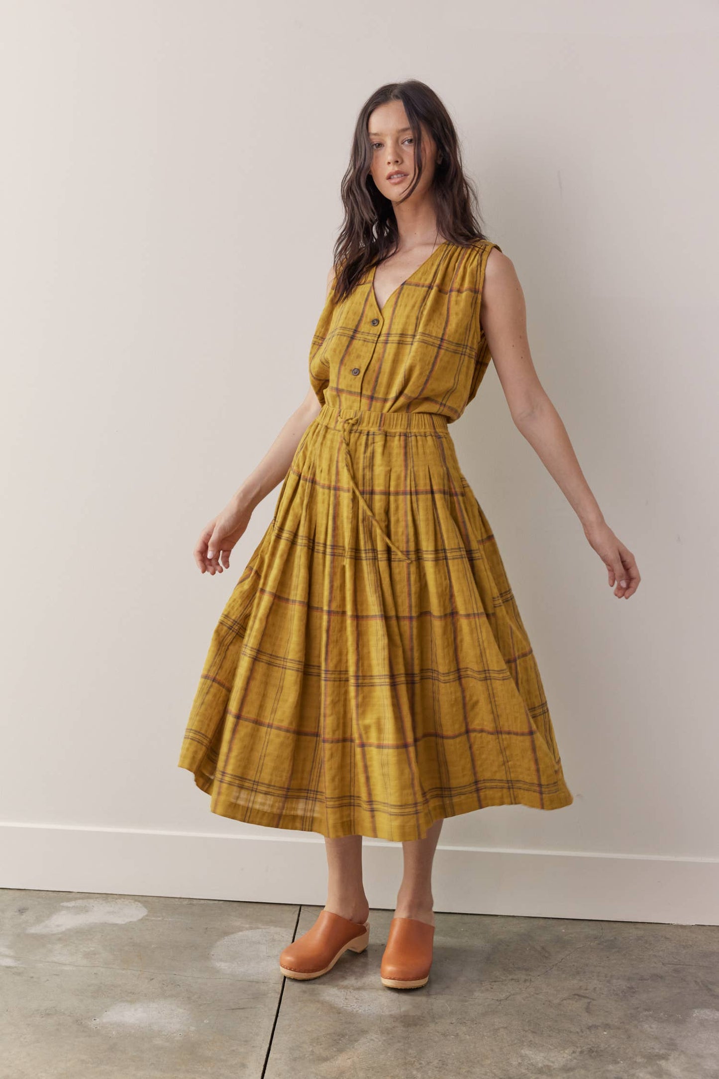 Drawstring cotton plaid skirts: Mustard Plaid / Plaid