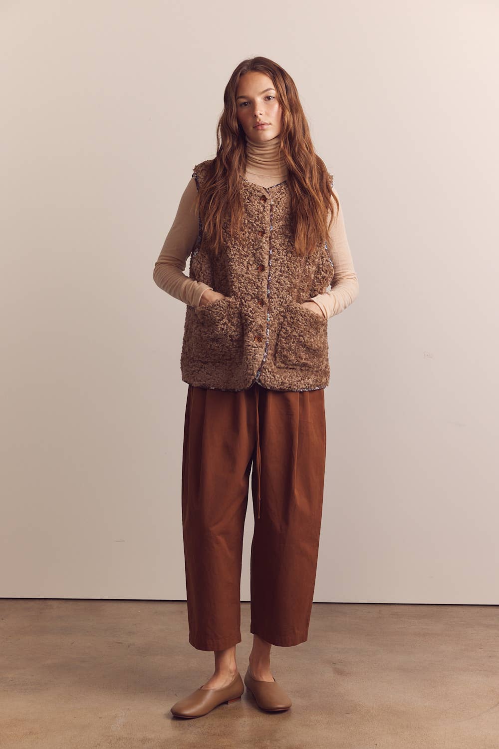 Wool blend shepherd reversible vest: Coco / Solid / M/L