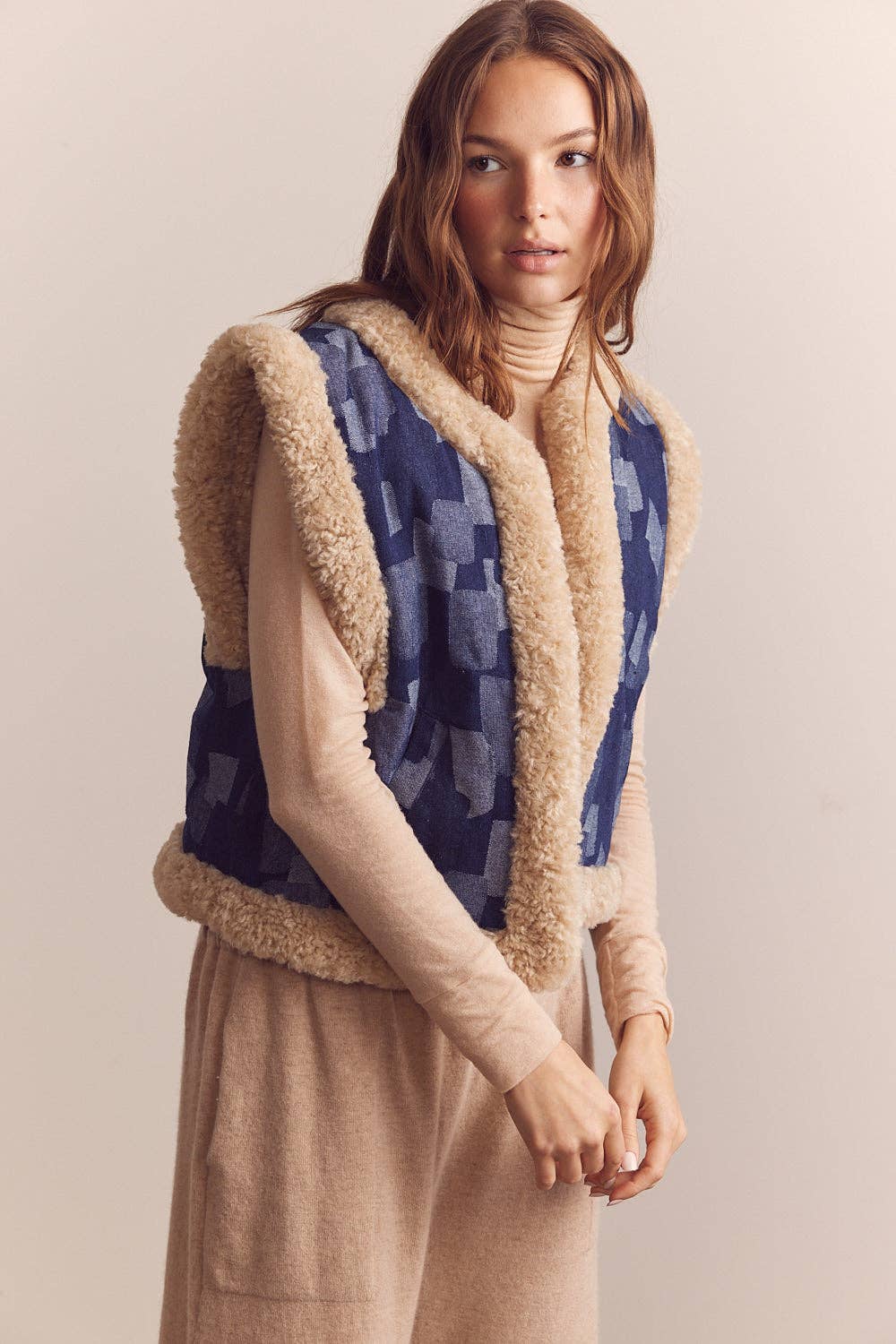Shepherd-lined patched  denim vest: Patched denim / Patchwork / M/L