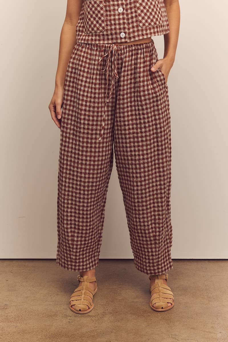 Drawstring easy pants: Brick / Plaid