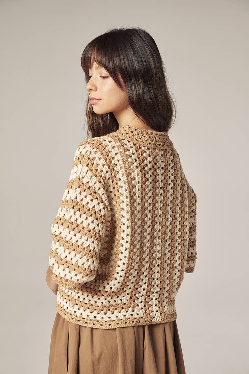 Hand knit crochet shirts: Khaki/Tan / Striped